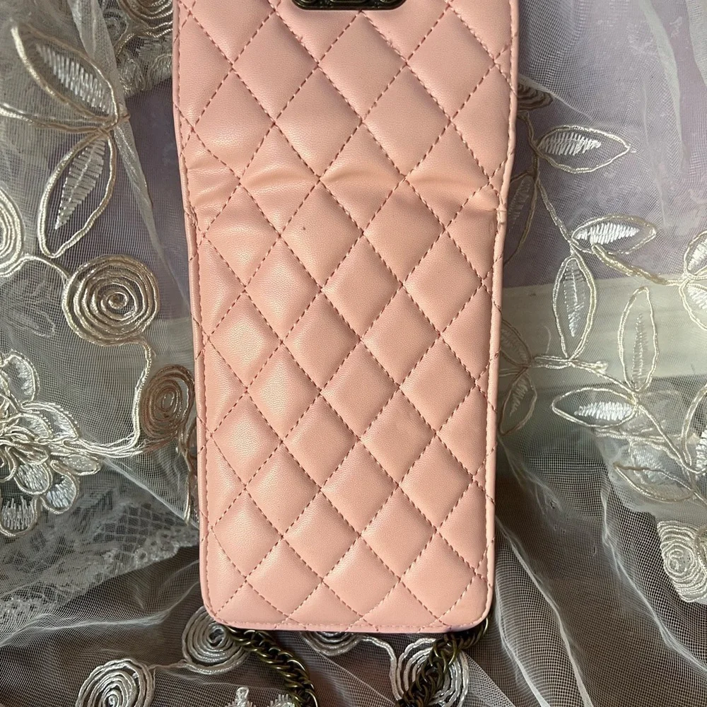 Elegant Pink Quilted Crossbody Passport and iPhone Case w/Chain Strap